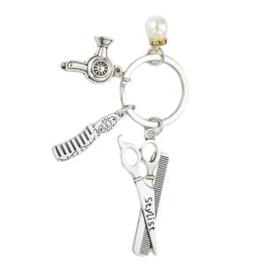 NEW Hairstylist Silver Comb Hair Dryer Scissors and Pearl Keychain